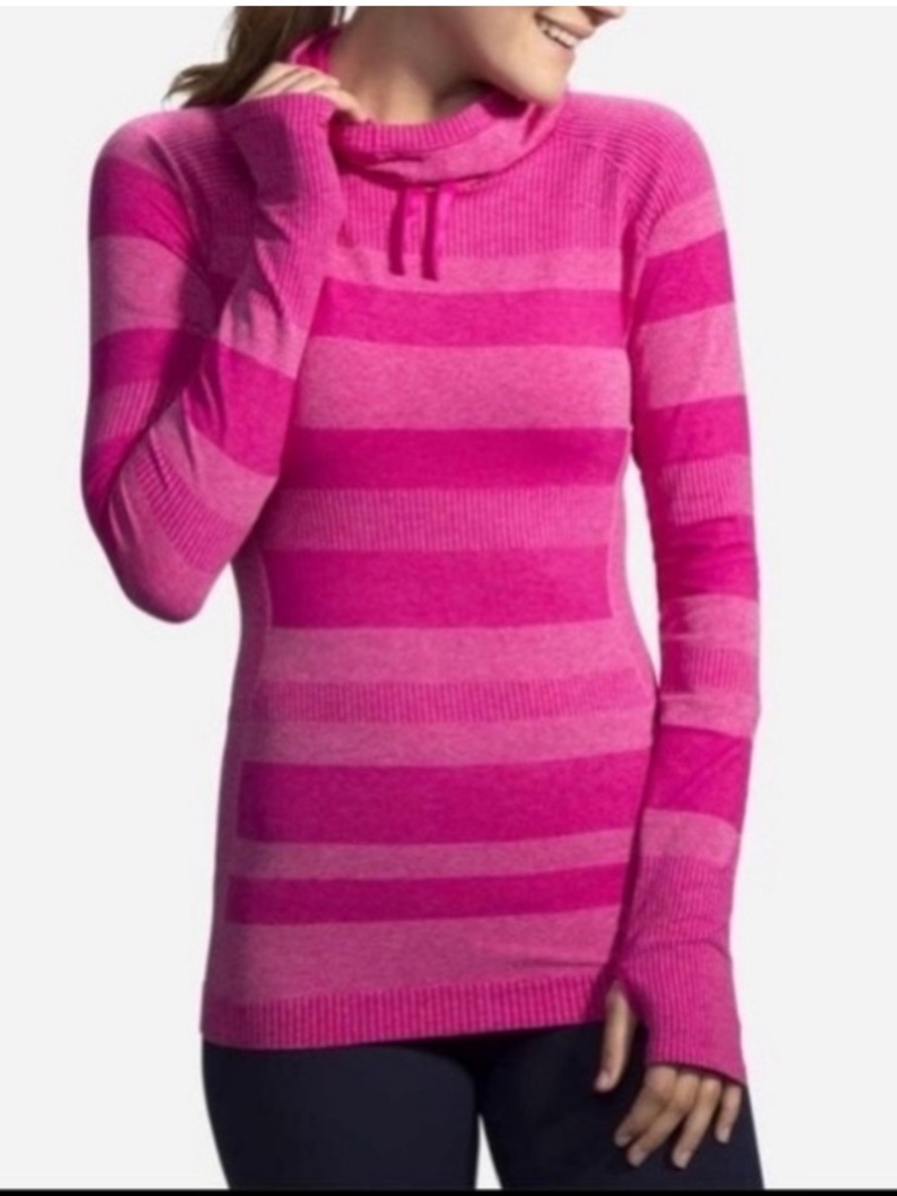 NWOT Brooks Run Happy Streaker' Seamless Hoodie Long Sleeve Stripes Medium Pink